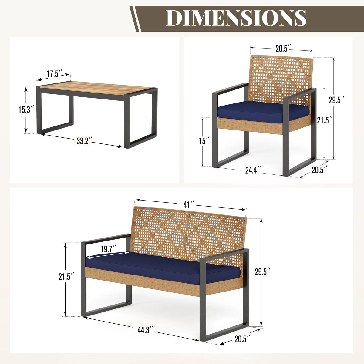 MF Studio 4-Piece All-Weather Rattan Patio Furniture Set, Outdoor Conversation Set with Wood Table, Brown and Beige