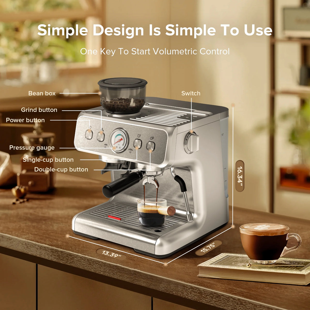 Auseo  20 Bar Automatic Espresso Coffee Maker with Grinder and Milk Frother Steam Wand, Drip Hot Coffee, 1&2 Cups, Espresso/Cappuccino/Latte/Mocha for Home, Stainless Steel