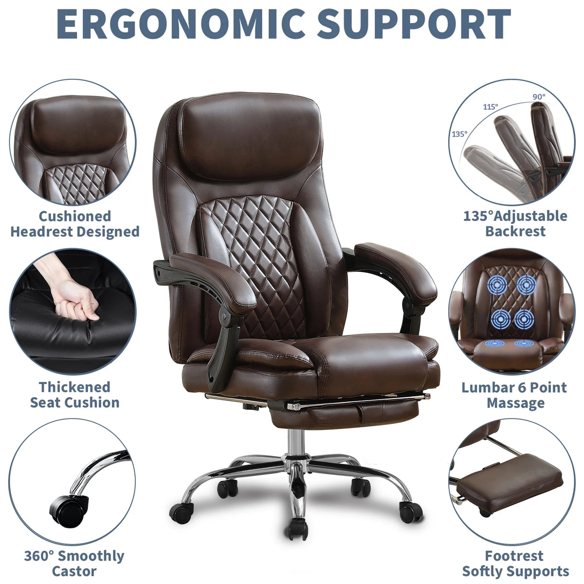 JONPONY Big and Tall Office Chair 500LBS Executive Office Chair Massage and Footrest Ergonomic Computer Desk Chair Reclining High Back Leather Office Chair Lumbar Back Support Swivel Rolling,Black