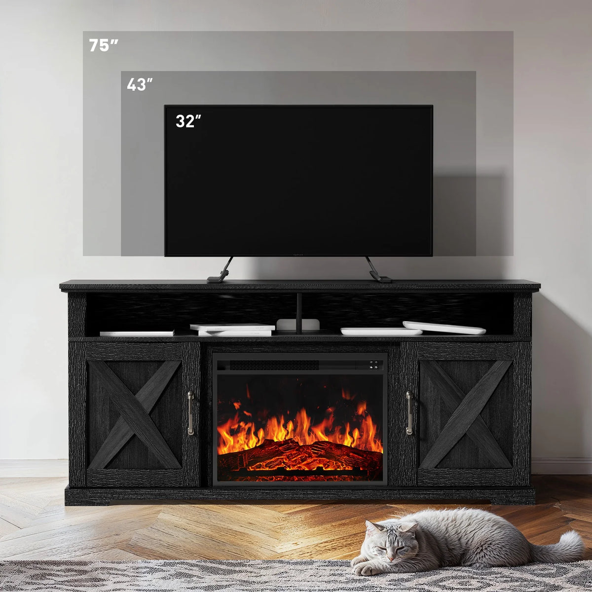 Electric Fireplace TV Stand for TVs up to 75", Farmhouse Entertainment Center with Fireplace, Grey