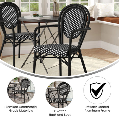 Merrick Lane Stacking Thonet French Bistro Style Chair with Arms, Black & White PE Rattan Seat, and Bamboo Finished Metal Frame for Indoor/Outdoor Use