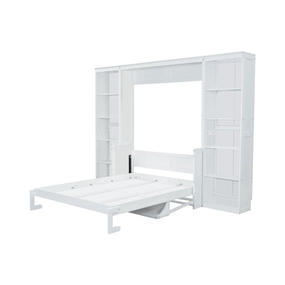 Queen Size Murphy Bed with Desk and Bookshelf(White)