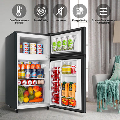 WANAI Two Door Mini Fridge with Freezer, 3.5 Cu ft Small Freezer ,Dark Grey