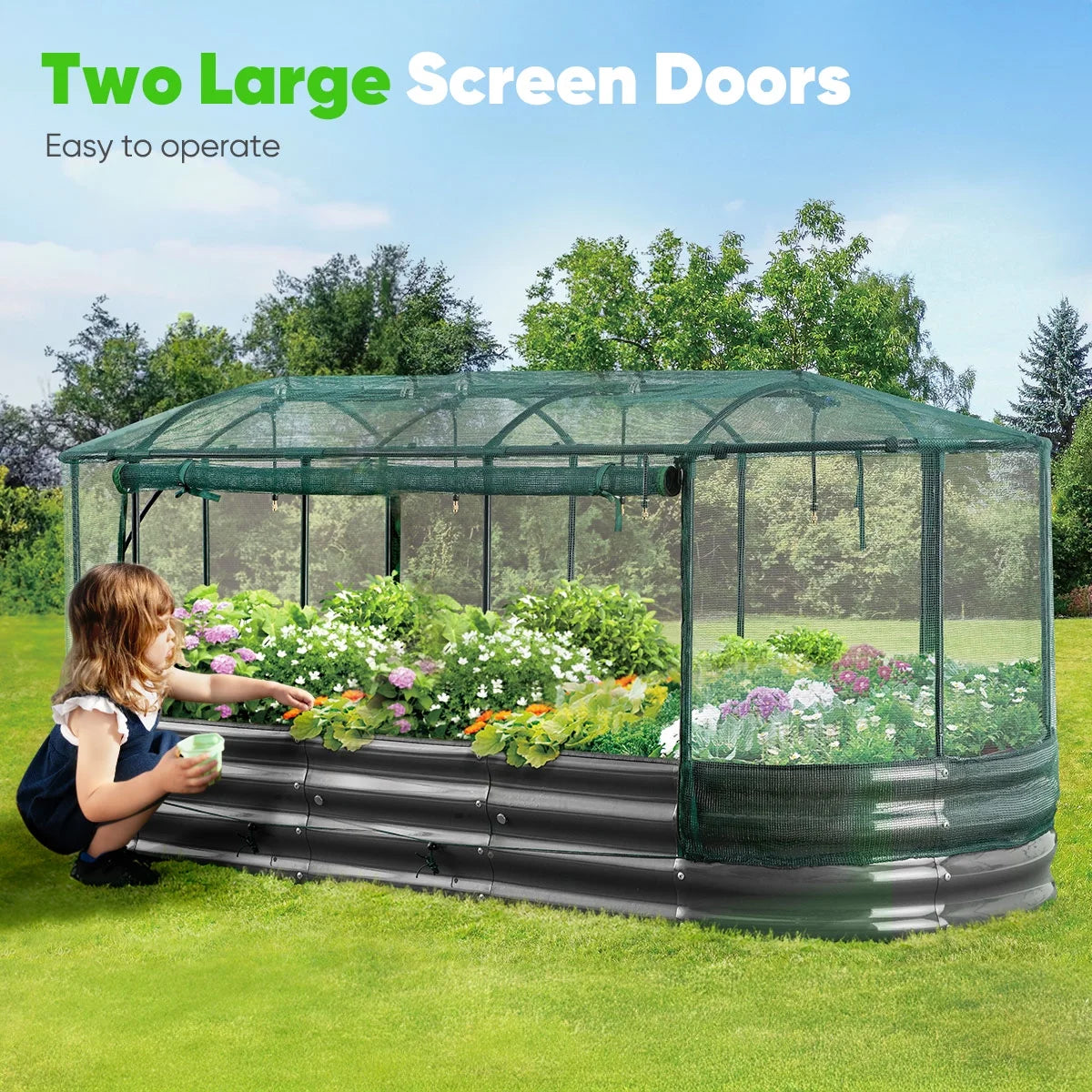 Quictent 8x3x1 ft Galvanized Raised Garden Bed Kit with Self Watering System and Mesh Cover, Large Oval Metal Outdoor Planter Garden Boxes for Vegetables Herbs Flowers