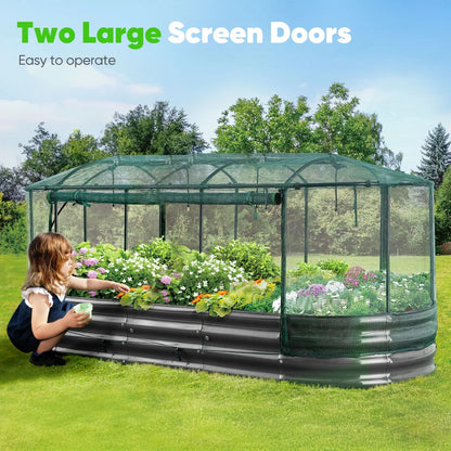 Quictent 8x3x1 ft Galvanized Raised Garden Bed Kit with Self Watering System and Mesh Cover, Large Oval Metal Outdoor Planter Garden Boxes for Vegetables Herbs Flowers