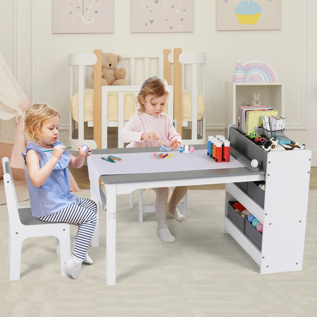 Pirecart Kids Art Table and 2 Chairs Toddler Craft Set Wooden Play Activity Drawing Table with 4 Storage Bins and Paper Roll