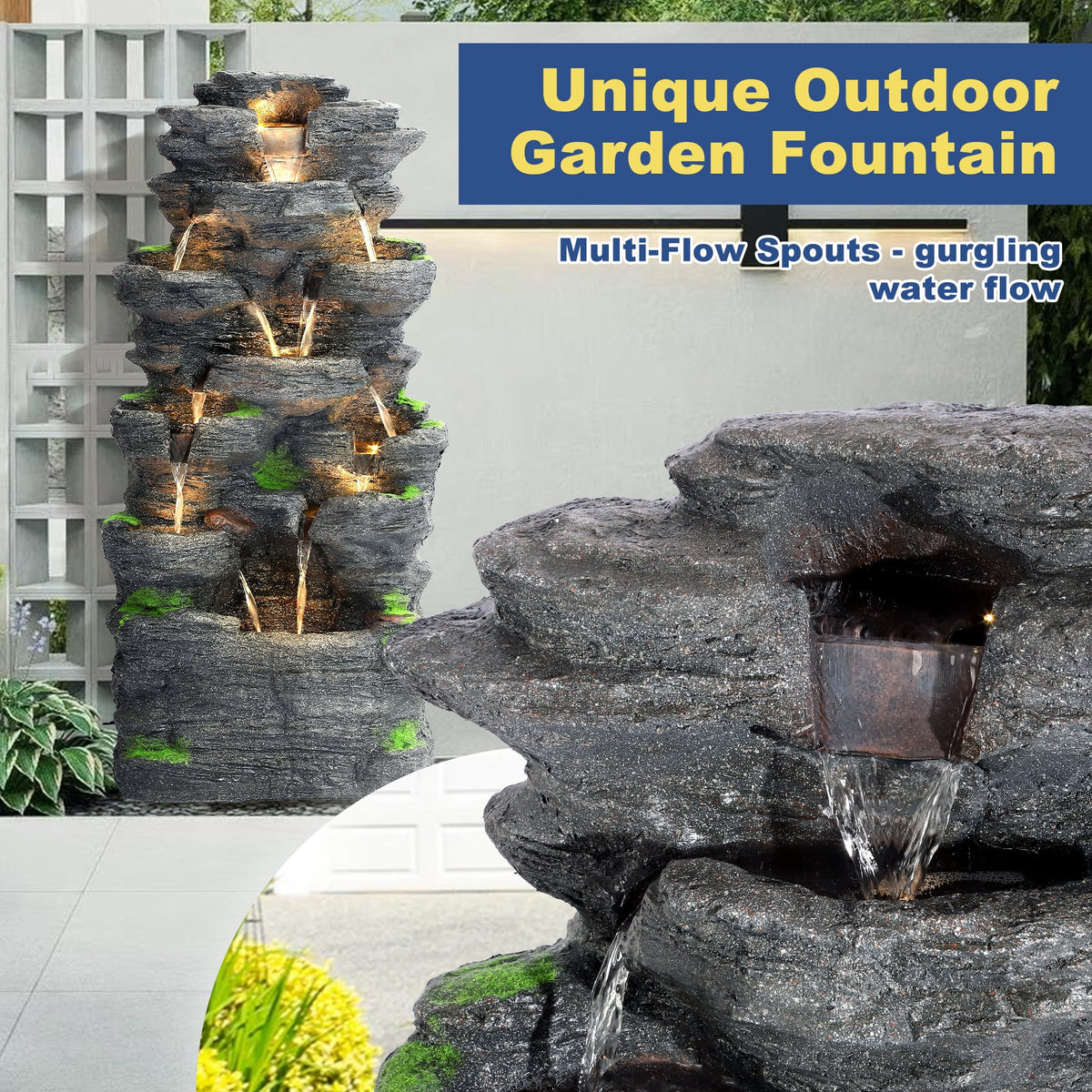 Haverchair 7 Tier Cascading Rock Outdoor Water Fountain, Garden Freestanding Rockery Natural Waterfall Fountains Outdoor with LED Light, Soothing Tranquility Fountains for Home Garden Yard, 24"H