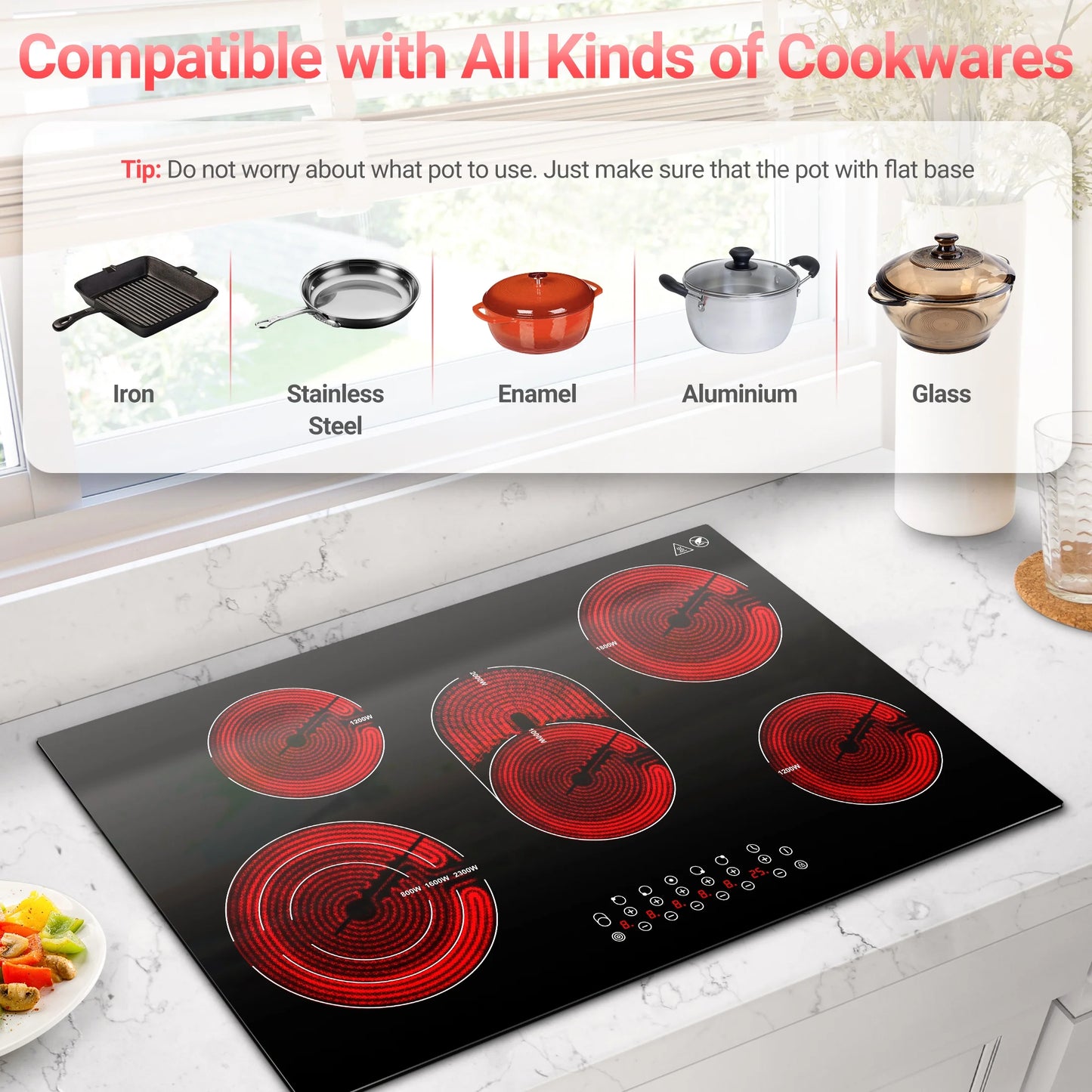 Sunmaki 30 Inch Electric Stove Cooktop 8500W Built-in Electric Stove Cooktop with 5 Burners, Sensor Touch Control Safety Lock,220-240v, Hard Wire, No Plug