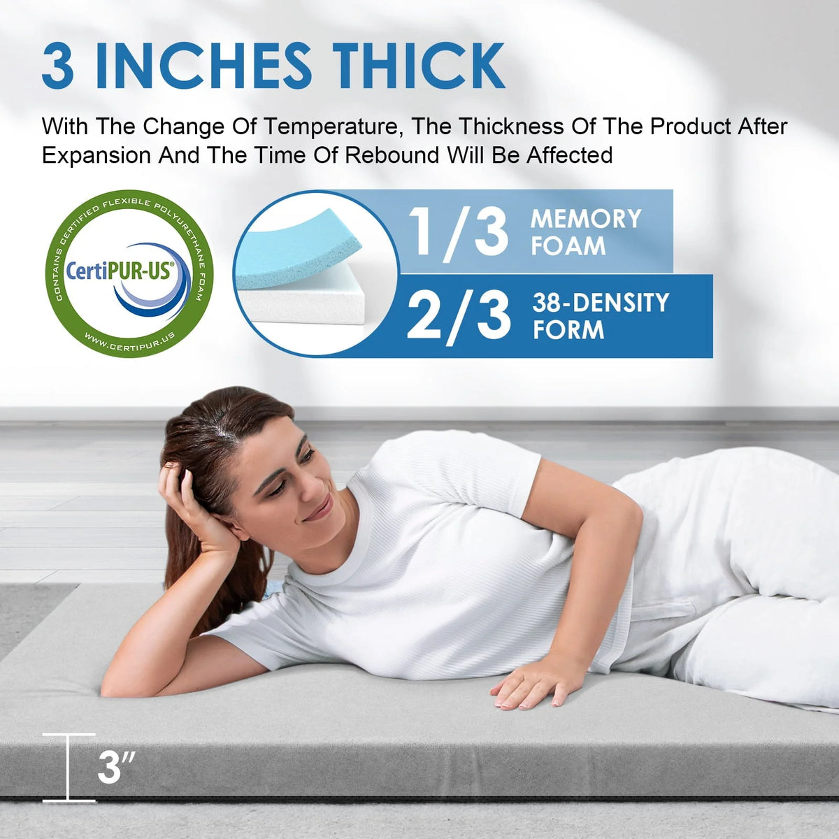 KingChii CertiPUR-US 3" Thick Memory Foam Camping Mattress, Sleeping Bed for Kids Adults, Portable Roll Up Sleeping Mats with Removable Waterproof Mattress Topper Travel Bag