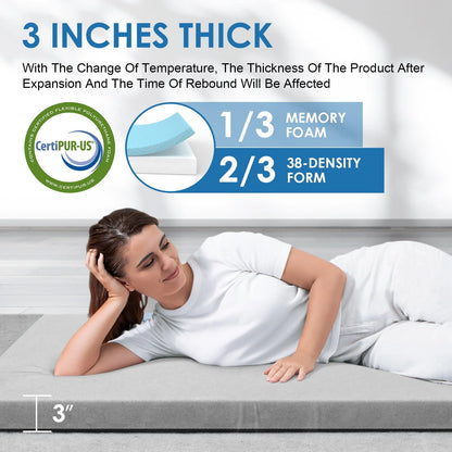 KingChii CertiPUR-US 3" Thick Memory Foam Camping Mattress, Sleeping Bed for Kids Adults, Portable Roll Up Sleeping Mats with Removable Waterproof Mattress Topper Travel Bag