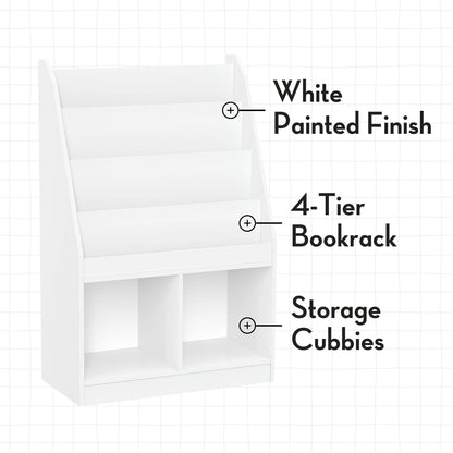 RiverRidge Kid Bookshelf Toy Storage Organizer with 4 Bookracks 2 Cubbies and 2 Gray Bins