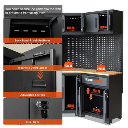 HPDMC Garage Storage Cabinet System 7-Pcs Workshop Set Metal Garage Cabinets System with Steel Cabinet Drawers, Workbench, Pegboard for Garage Tool Organization