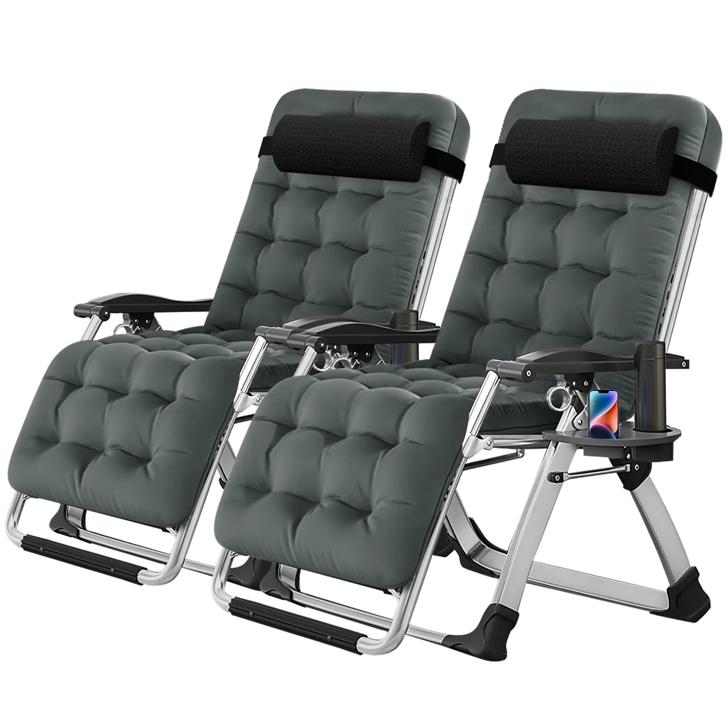 NAIZEA 2 Pack Zero Gravity Chair, Foldable Portable Lawn Recliner with Cushion, Headrest, Cup Holder, Black