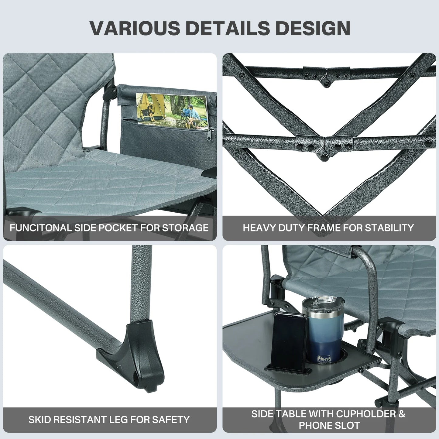 TIMBER RIDGE Portable Director Chair, Heavy Duty Camping Folding Chair with Compact Size with Side Pocket and Side Table, Support 400 lbs, Grey