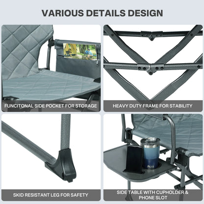 TIMBER RIDGE Portable Director Chair, Heavy Duty Camping Folding Chair with Compact Size with Side Pocket and Side Table, Support 400 lbs, Grey