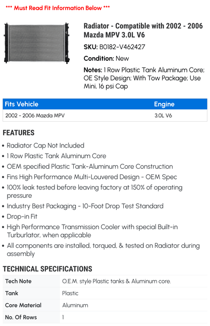 Radiator - Compatible with 2002 - 2006 Mazda MPV 3.0L V6 2003 2004 2005