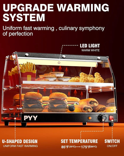 Commercial Food Warmer Display, 2-Tier Electric Countertop Food Warmer with LED Lighting Adjustable Glass Door, Pastry Display Case for Buffet Restaurant Black