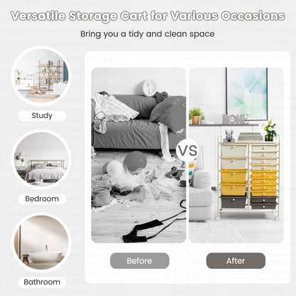Costway 15 Drawer Rolling Storage Cart Tools Scrapbook Paper Office School Organizer White