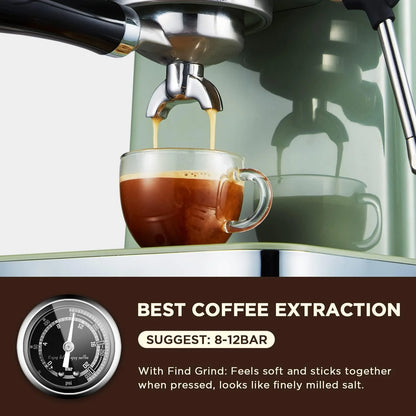 Espresso Coffee Machine 15 Bar with Milk Frother Steam Wand, 1350W Professional Coffee Maker, 54 Oz Removable Water Tank Espresso Maker Cappuccino, Latte, Machiato, Green, For Home Barista