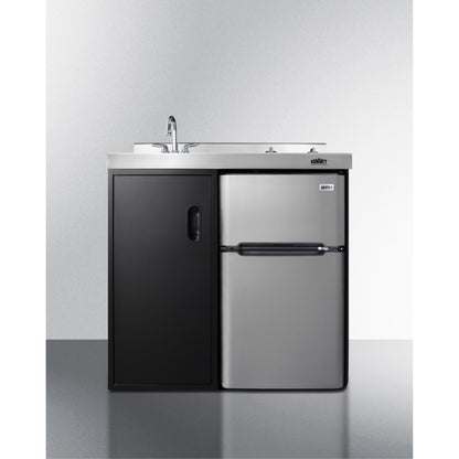 36" wide all-in-one kitchenette with 2-burner 115V smooth-top cooktop, refrigerator-freezer, sink, and storage cabinet