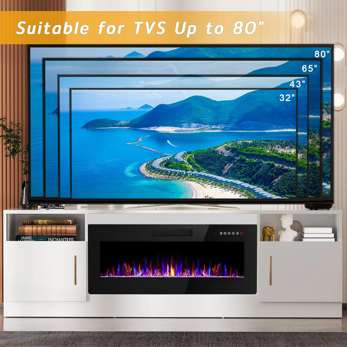 Waleaf Fireplace TV Stand with 36" Electric Fireplace Up to 80" TVs, Modern Wood Media TV Console with Highlight Cabinet, White