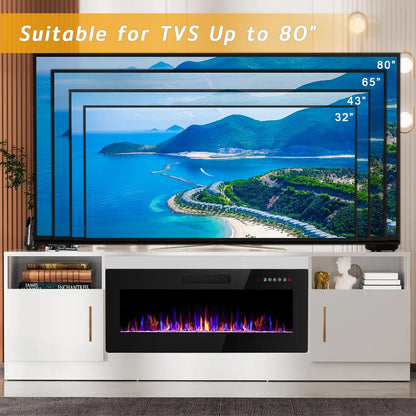 Waleaf Fireplace TV Stand with 36" Electric Fireplace Up to 80" TVs, Modern Wood Media TV Console with Highlight Cabinet, White