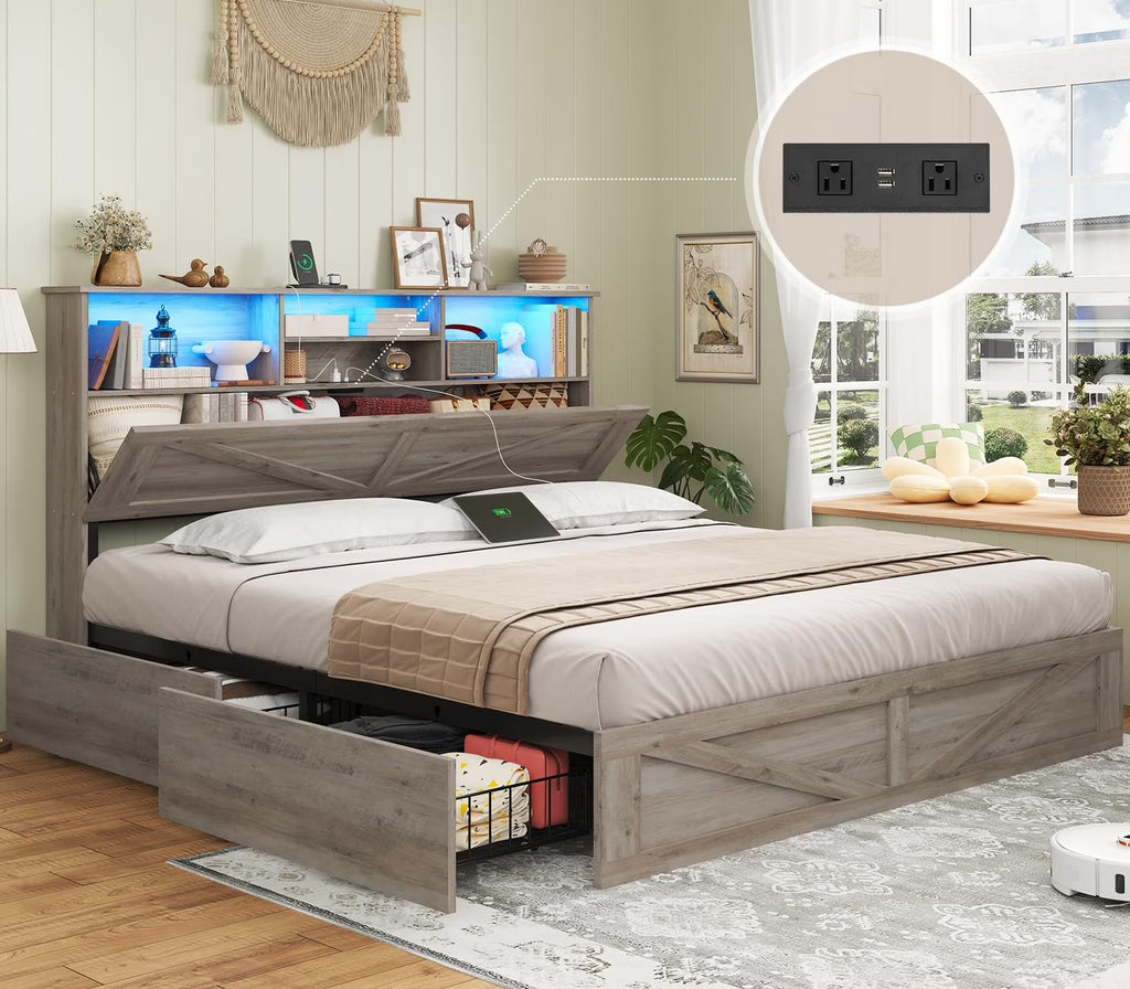 Twin Bed Frame with 4 Storage Drawers and Charging Station, Farmhouse Wooden Led Twin Bed with Storage Hidden Space Headboard and Metal Slats, Gray