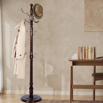 Coat Rack Freestanding, Hall Tree with 11 Hooks, Heavy Duty Wooden Coat Tree Stand, Adjustable Height, Sturdy Base for Bedroom Hallway Office - Load 270lbs