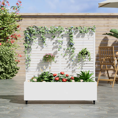 MAYEERTY 47*16*47"Outdoor White Metal Planter with Rect Louvered Climbing Trellis, Drainage hole & Wheels