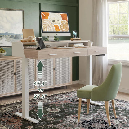 FEZIBO Electric Standing Desk with 3 Drawers & Monitor Shelves, 48 x 26 inches Sit Stand Home Office Desk, Rustic Brown