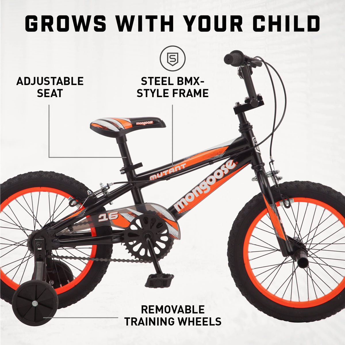 Mongoose 16" Mutant Kid's BMX Bike, Ages 3-5, Black & Orange