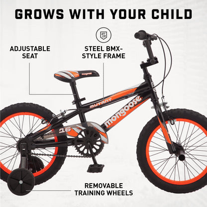 Mongoose 16" Mutant Kid's BMX Bike, Ages 3-5, Black & Orange