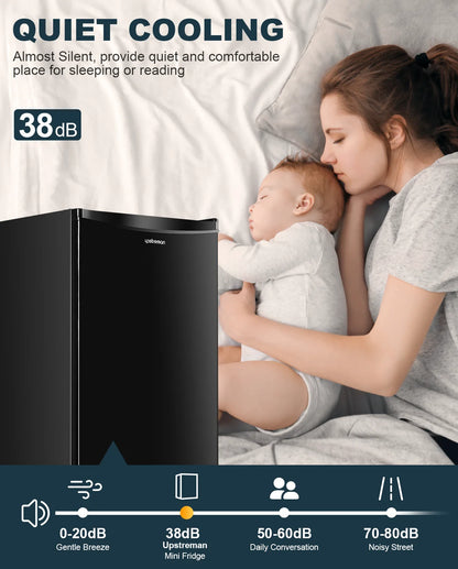 Upstreman 3.2 Cu.Ft. Mini Fridge with Freezer Single Door Small Refrigerator Adjustable Thermostat Compact Fridge with Reversible Door, Low Noise, BR321 Black