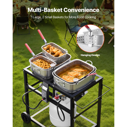 KFFKFF Outdoor Propane Deep Fryer, Dual-Tank 18QT x 2 Commercial Fryer, Portable Frying Cart with Wheels, 3 Baskets, 2 Thermometers, Stainless Steel Cooker for Fish, Wings, and Fries, 40,000 BTU