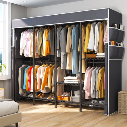 EnHomee 76"W Clothes Rack with Cover,1100LBS Heavy Duty Wardrobe Closet Organizer,Adjustable Portable Closet��Black