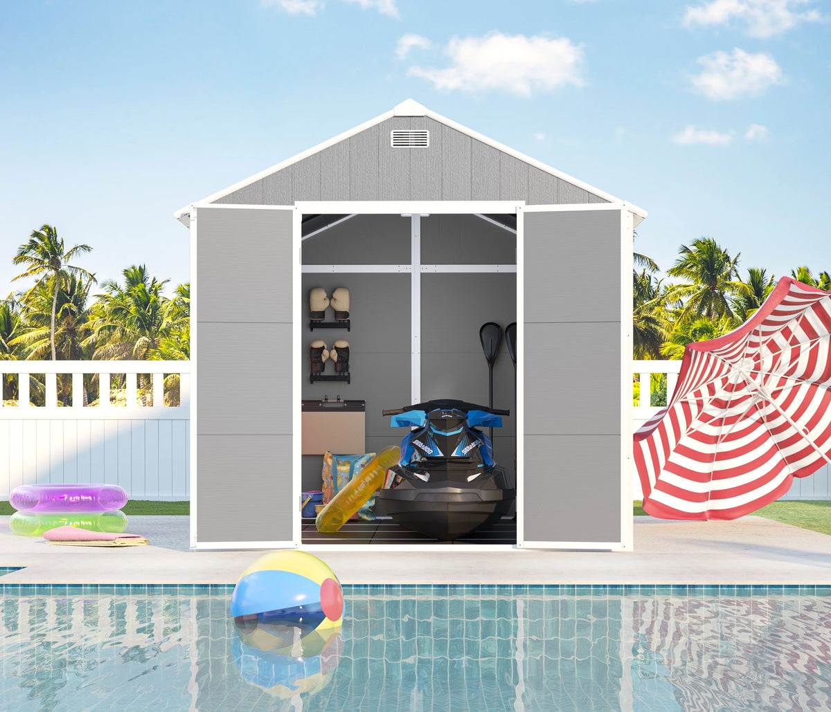 Seizeen Shed and Outdoor Storage, 41 Cu.Ft Small Outdoor Resin Shed with 3 Doors & Floor, 306GAL Deck Box Waterproof Plastic Tool Storage Shed for Cushion Lawn Mower Garbage Cans