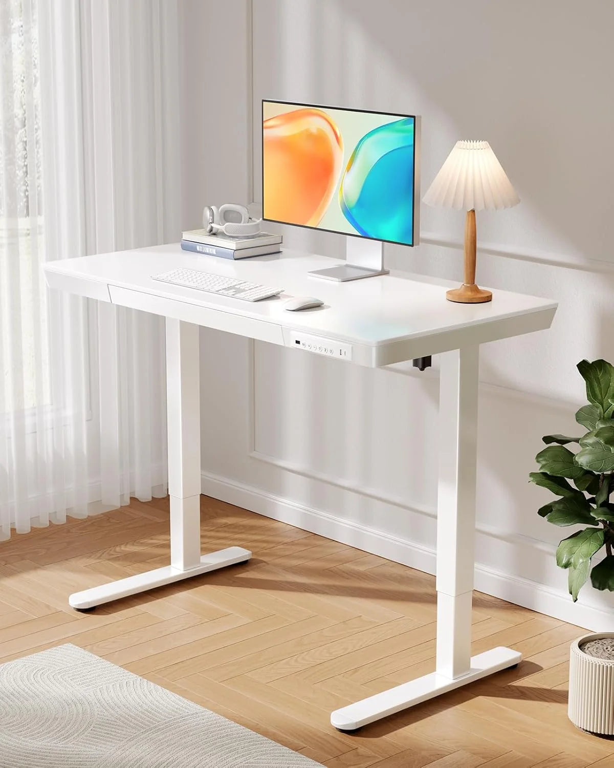 CHITOOMA Glass Top Electric Standing Desk with Drawer, 48'' x 24'' Electric Height Adjustable Desk with USB Charging Ports, Sit Stand up for Home Office