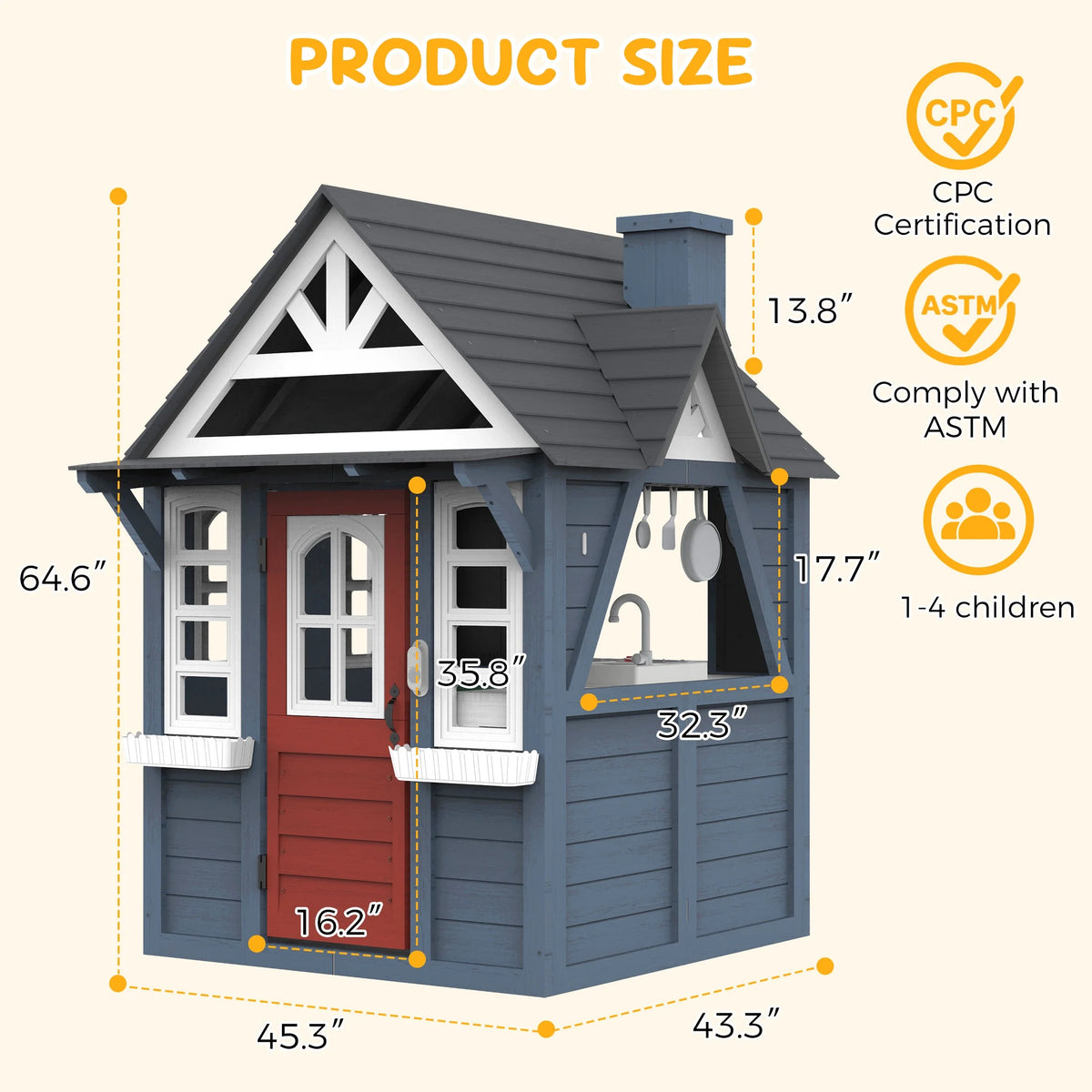 COCLUB Outdoor Playhouse for Kids Ages 4-8, Wooden Play House with Doorbell, Phone, Kitchen Toys, Outdoor Kids Play Equipment, Casa Para Ni?as (45��L x 65��H), White & Black