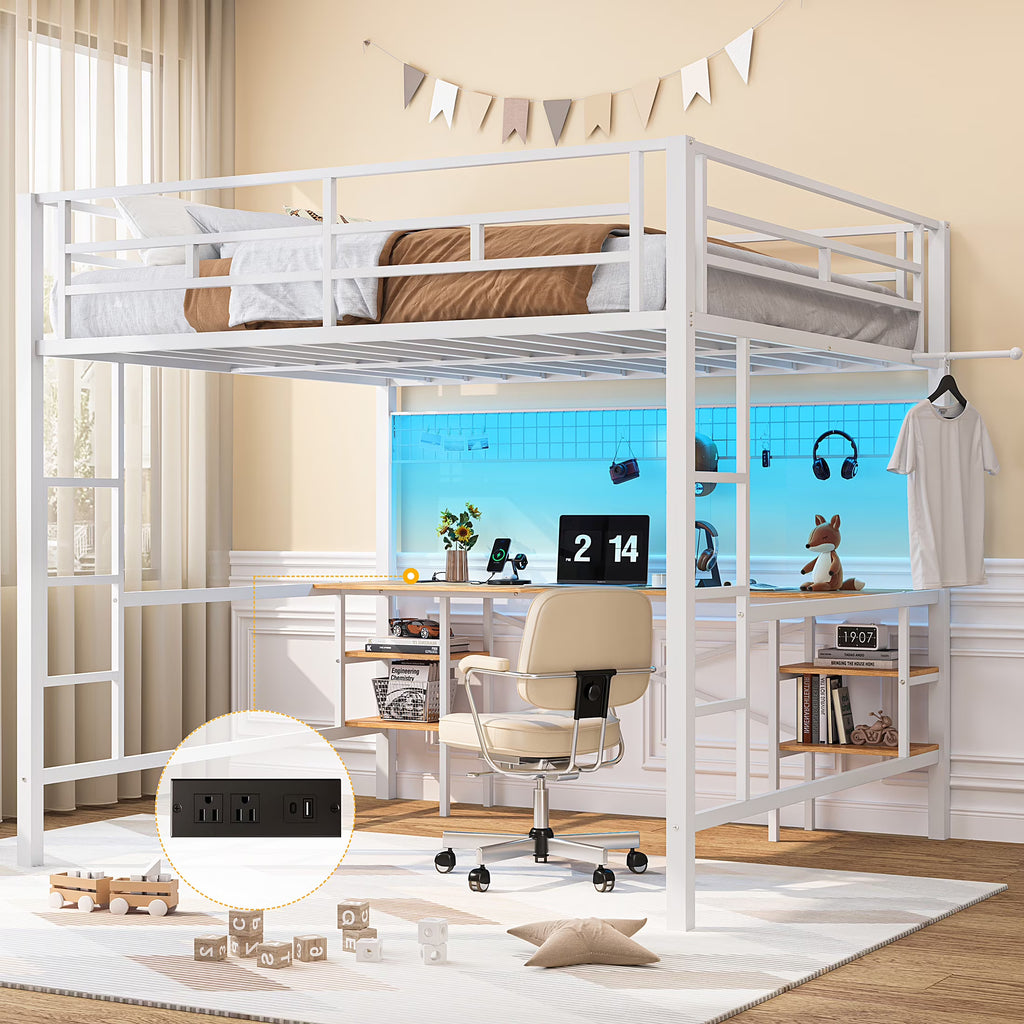 Twin Loft Bed with Desk, UHOMEPRO Metal Loft Bed with LED Lights, Charge Station, DIY Mesh, Clothes Rail, 4 Storage Shelves, Safety Rails and 2 Ladders, Loft Bed for Teen Adult, Black