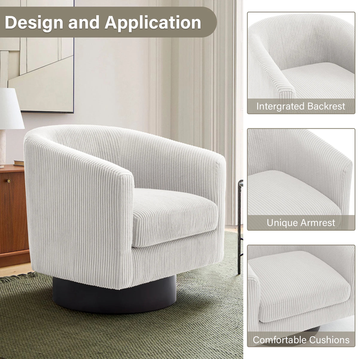 UIXE Swivel Accent Chair, Upholstered Fabric Barrel Chair for Living Room, Small Single Sofa Bedroom Reading Seat, Light Gray
