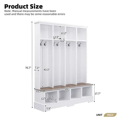Farmhouse Hall Tree with Bench, 59" Wide Entryway Organizer with 8 Hooks & Storage Compartments, Modern Coat Rack & Shoe Bench for Mudroom,White