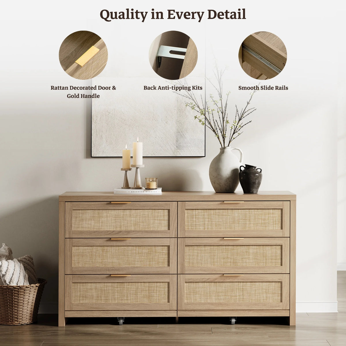 SICOTAS 56.85" 6 Drawer Dresser,Rattan Dresser with Storage,Boho Dressers & Chests of Drawers Wooden Tall  Dresser for Bedroom