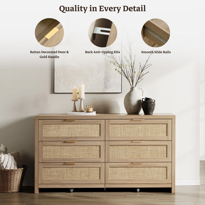 SICOTAS 56.85" 6 Drawer Dresser,Rattan Dresser with Storage,Boho Dressers & Chests of Drawers Wooden Tall  Dresser for Bedroom