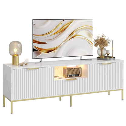Bestier 55" LED TV Stand for TVs up to 60" Modern High Gloss Entertainment Center with Drawers Cabinets Fluted TV Console, White & Gold