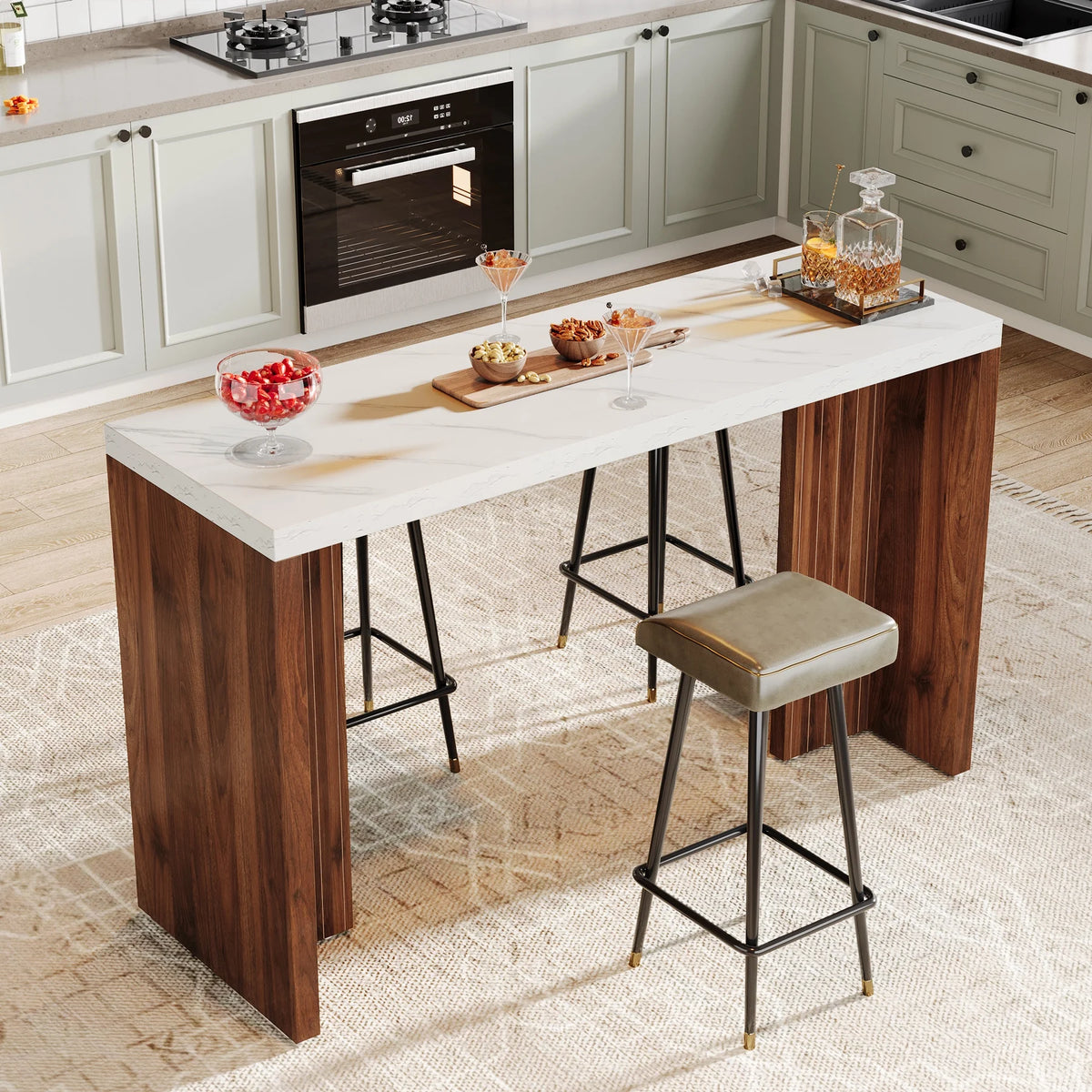 Tribesigns 55.12-Inch Bar Table, Home Bar Unit with a Faux Marble Finished Tabletop, Modern Freestanding Mini Bar for Home Kitchen, Living Room, Balcony, Basement, Walnut & White
