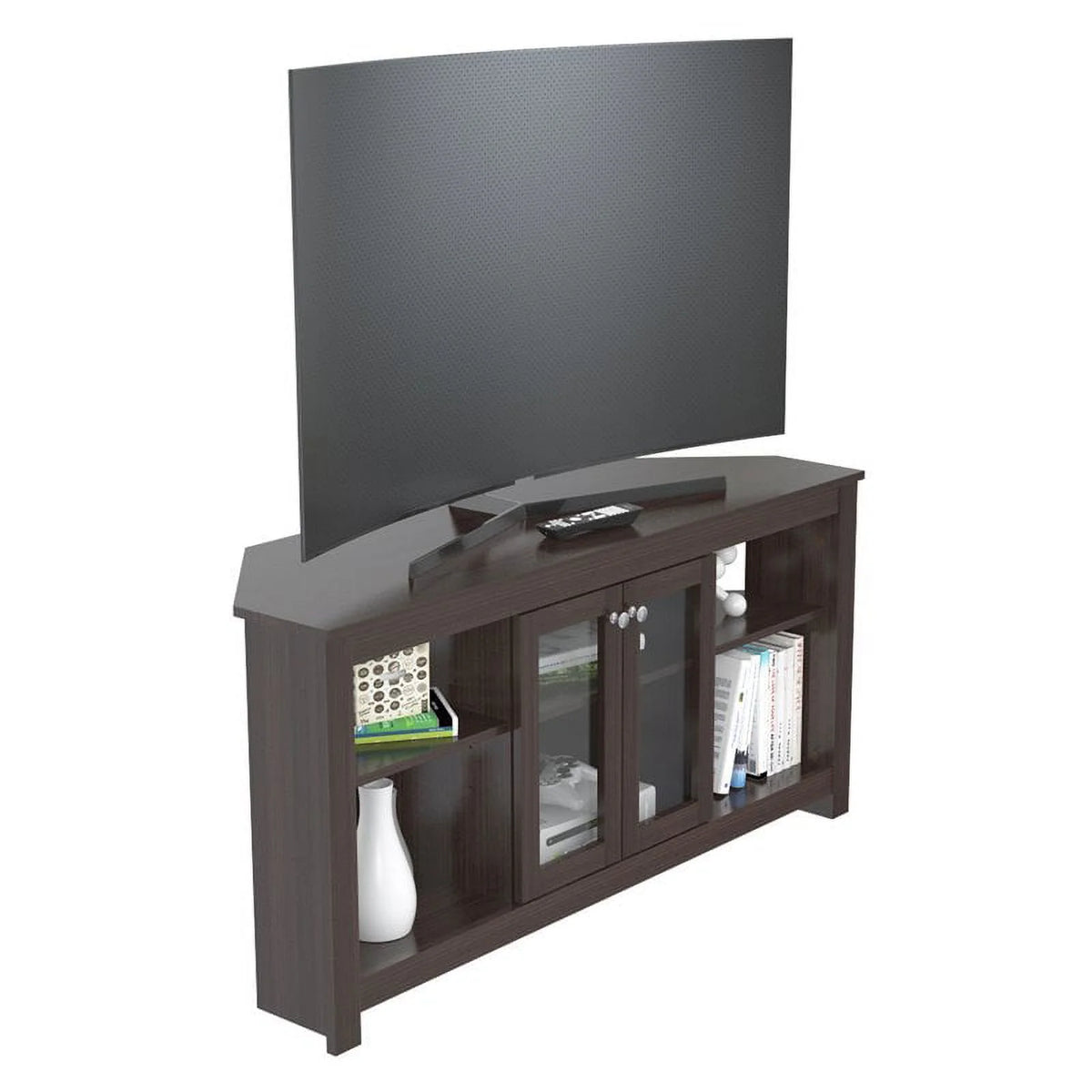 Inval Corner Laminate 60�� TV Stand with Glass Doors, White