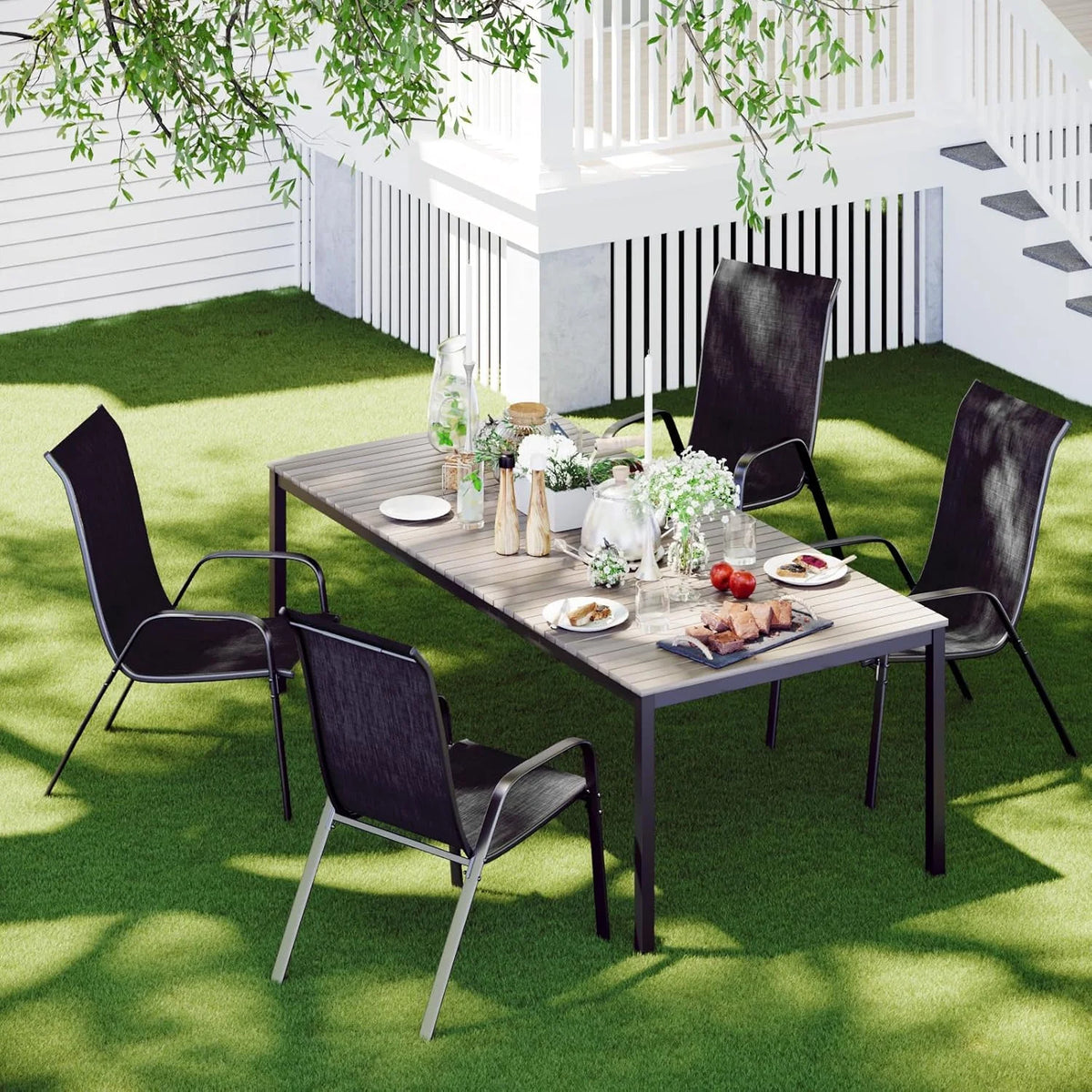 LAZY BUDDY Patio Chairs Set of 4, Stackable Outdoor Dining Chairs, Heavy Duty Breathable Chairs for Backyard, Garden, Lawn 330lbs