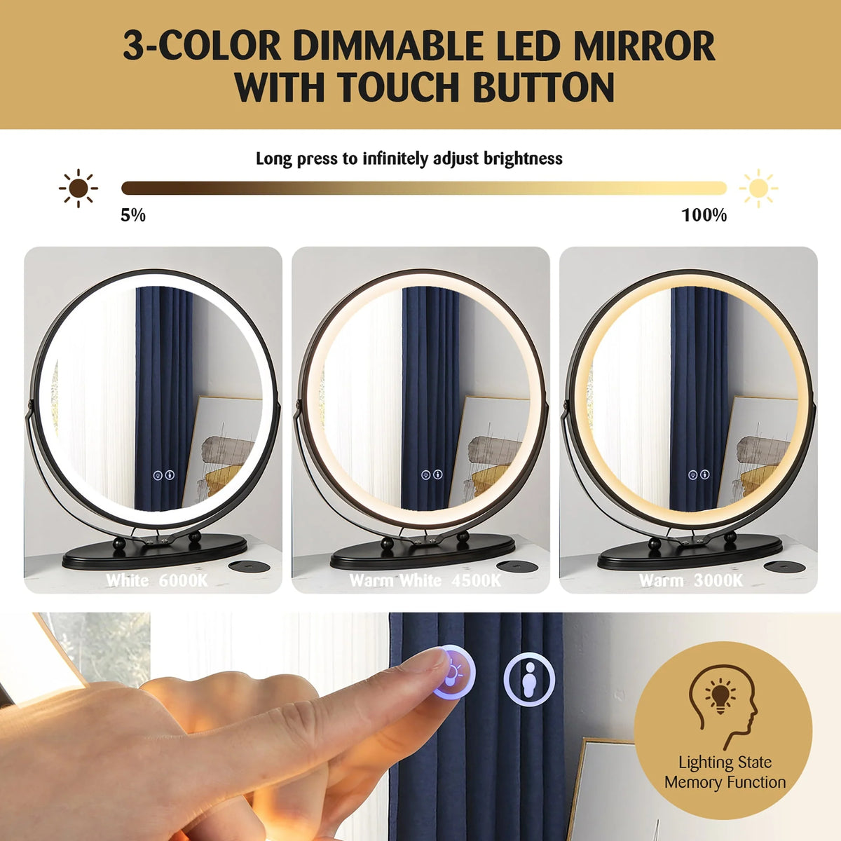 Costway Vanity Makeup Table Set 3-Color Dimmable Human Body Induction LED Light White