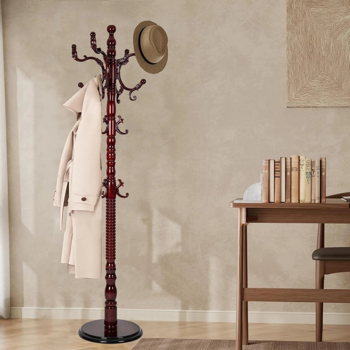 Coat Rack Freestanding, Hall Tree with 11 Hooks, Heavy Duty Wooden Coat Tree Stand, Adjustable Height, Sturdy Base for Bedroom Hallway Office - Load 270lbs