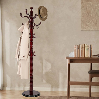 Coat Rack Freestanding, Hall Tree with 11 Hooks, Heavy Duty Wooden Coat Tree Stand, Adjustable Height, Sturdy Base for Bedroom Hallway Office - Load 270lbs